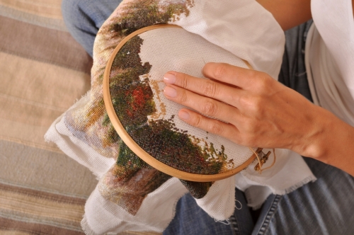 cross stitch process close-up